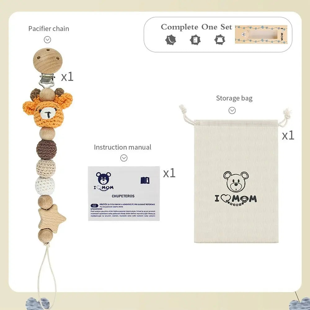 Crochet Animal Pacifier Clip — Wooden Beads