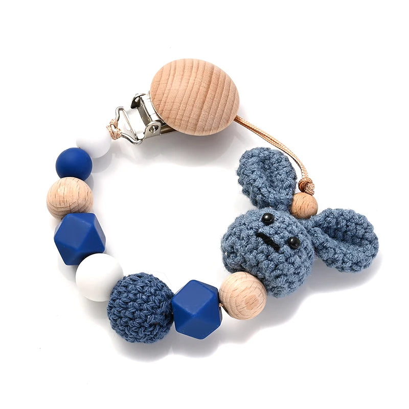 Pacifier Chain with Crochet Rabbit — Wood Teether