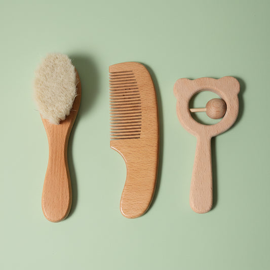 Baby Hair Brush & Comb Set — Natural Wool & Beech Wood