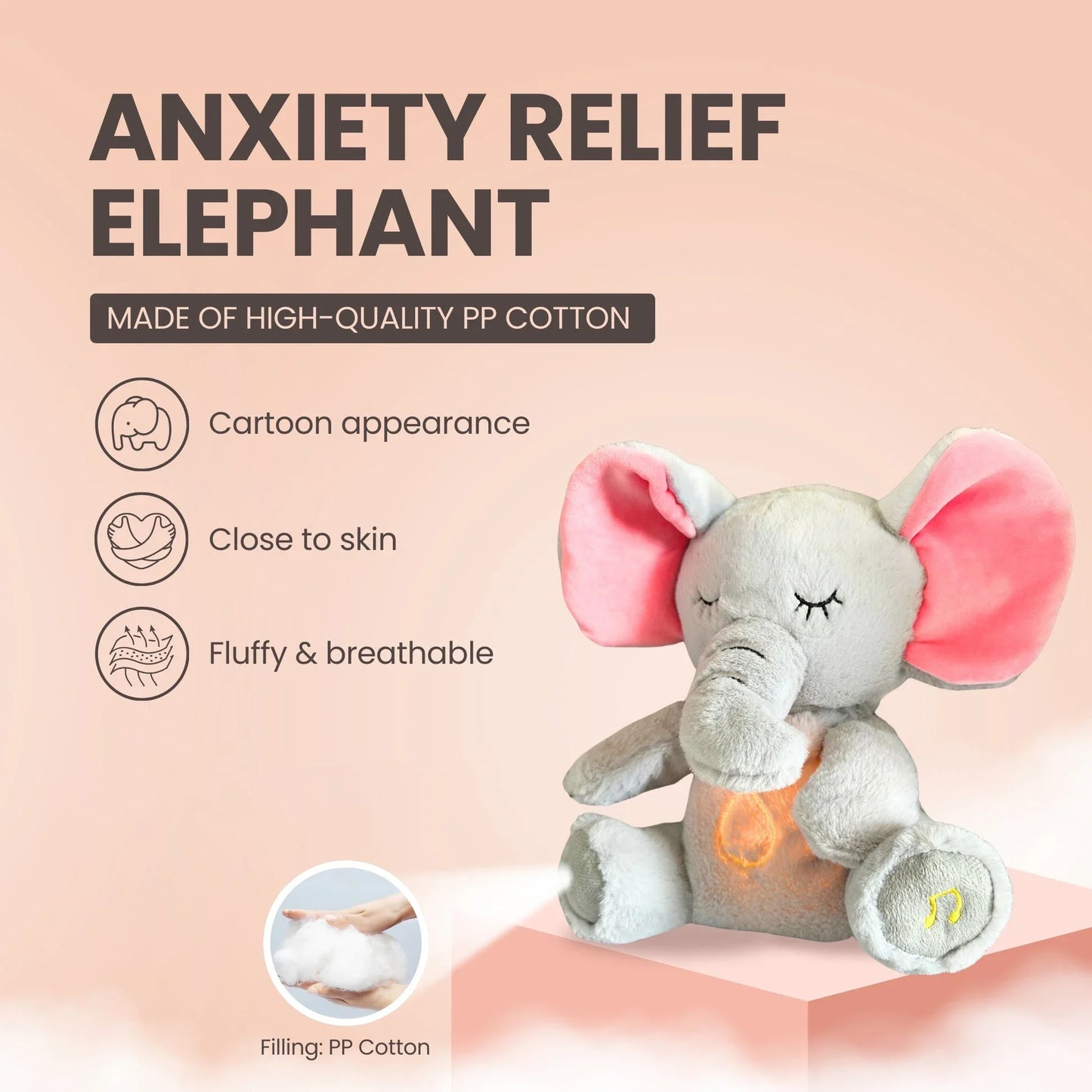 Breathing Soothing Elephant Plush Toy – Music, Light & 4 Modes