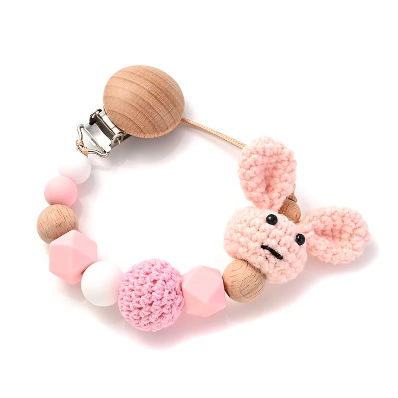 Pacifier Chain with Crochet Rabbit — Wood Teether