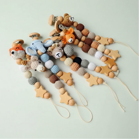 Crochet Animal Pacifier Clip — Wooden Beads