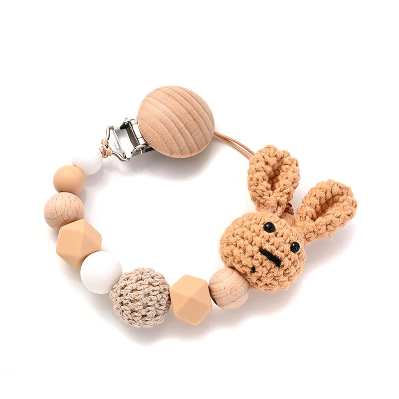 Pacifier Chain with Crochet Rabbit — Wood Teether