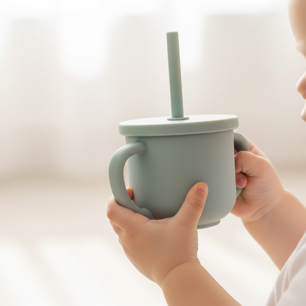 Baby beker in handen van peuter