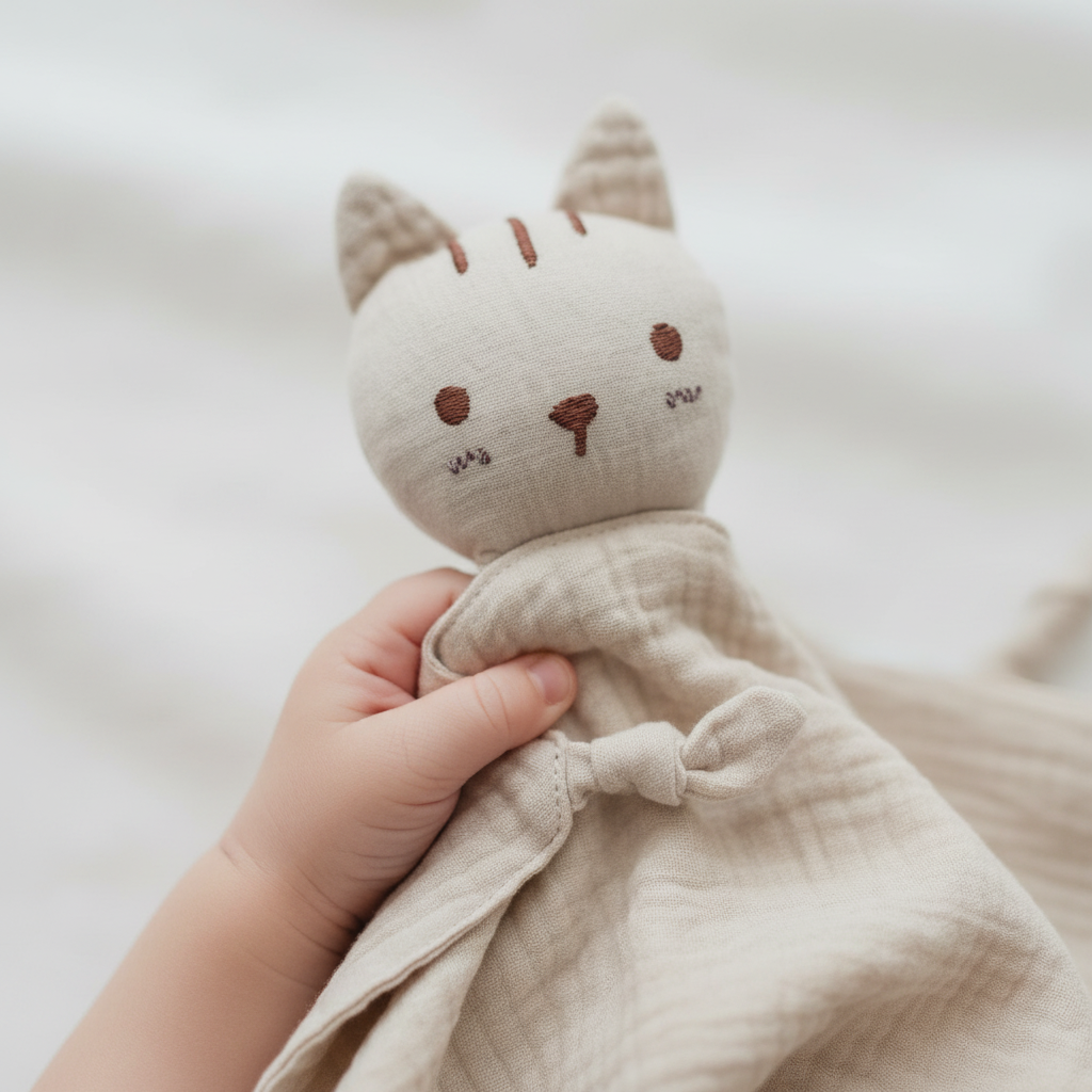Baby handje met knuffeldoek - product zichtbaar