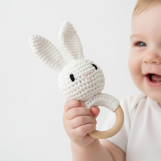 Baby handje met konijntjes bijtring