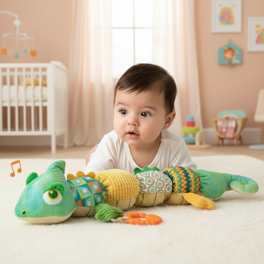 Baby in kinderkamer met kameleon speeltje