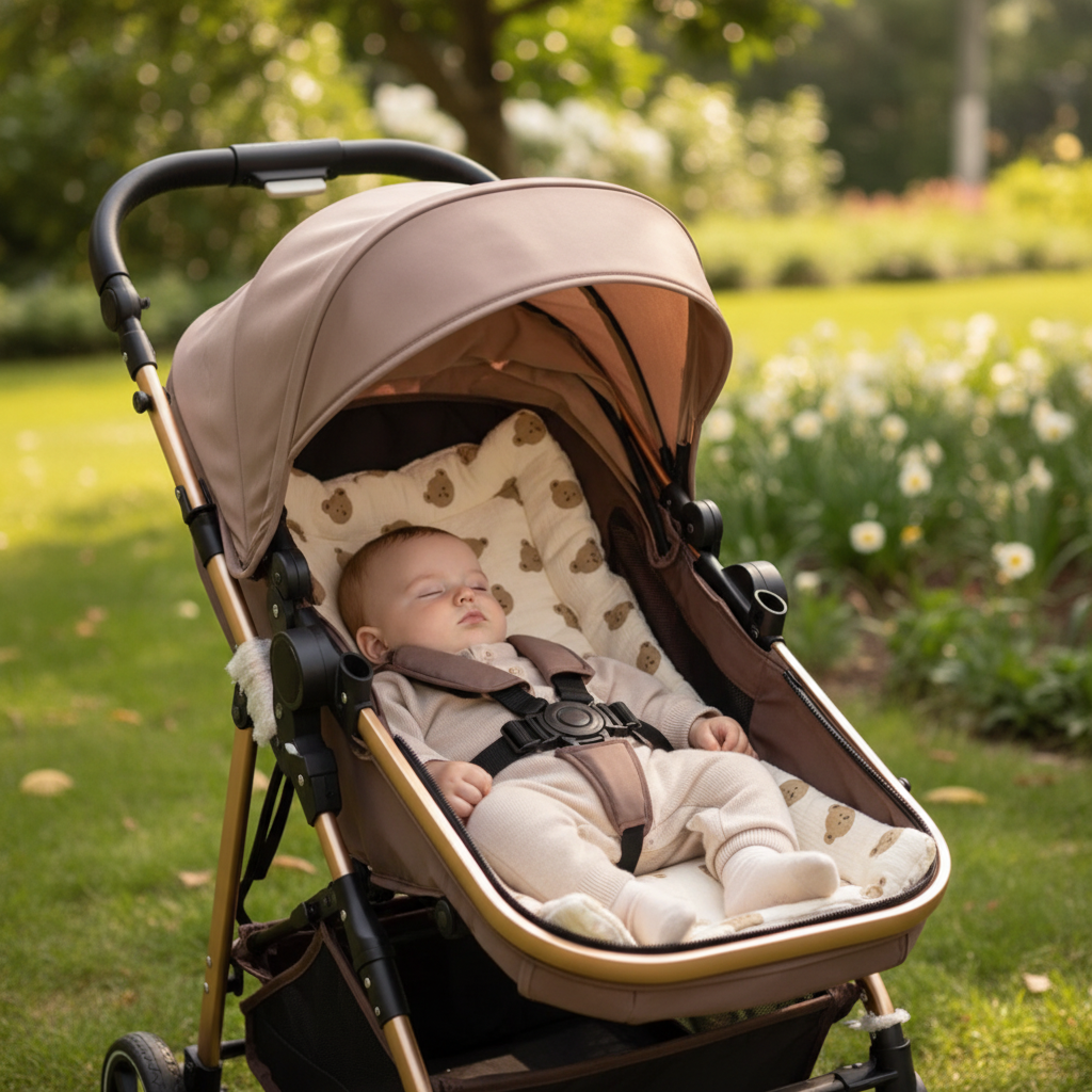 Baby in kinderwagen buiten op cartoon zitmat
