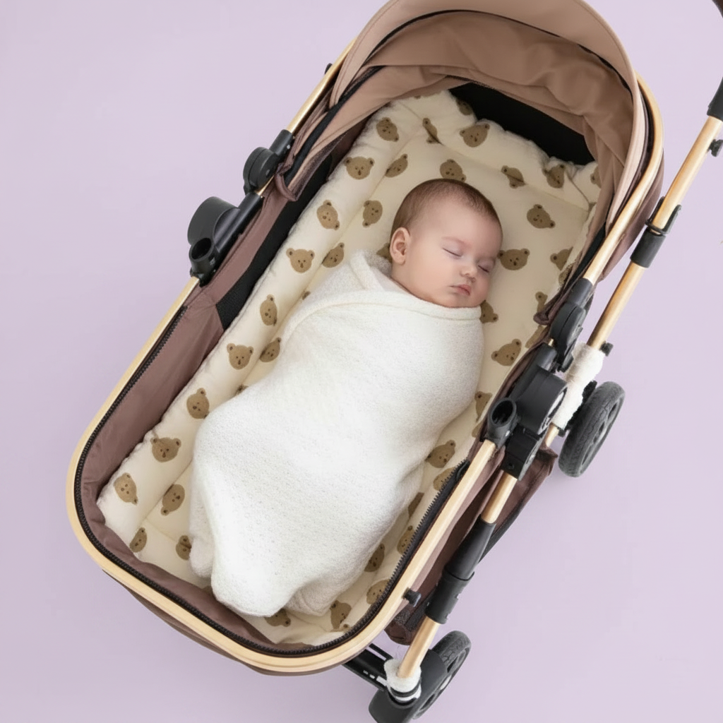Baby in kinderwagen op cartoon zitmat