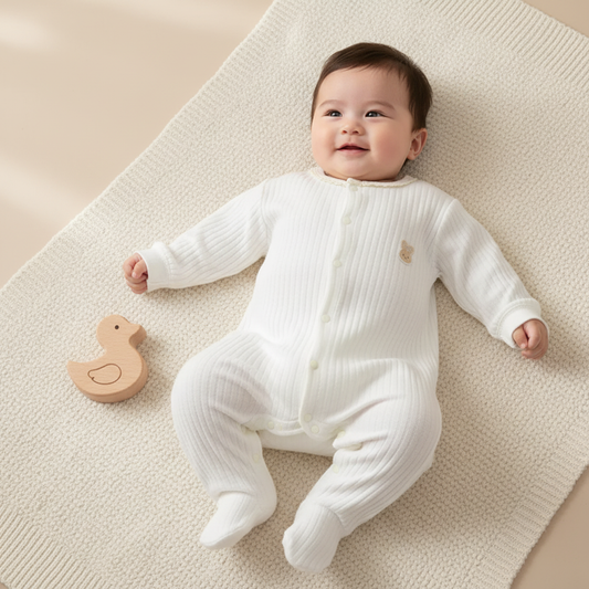 Baby in witte romper lifestyle foto