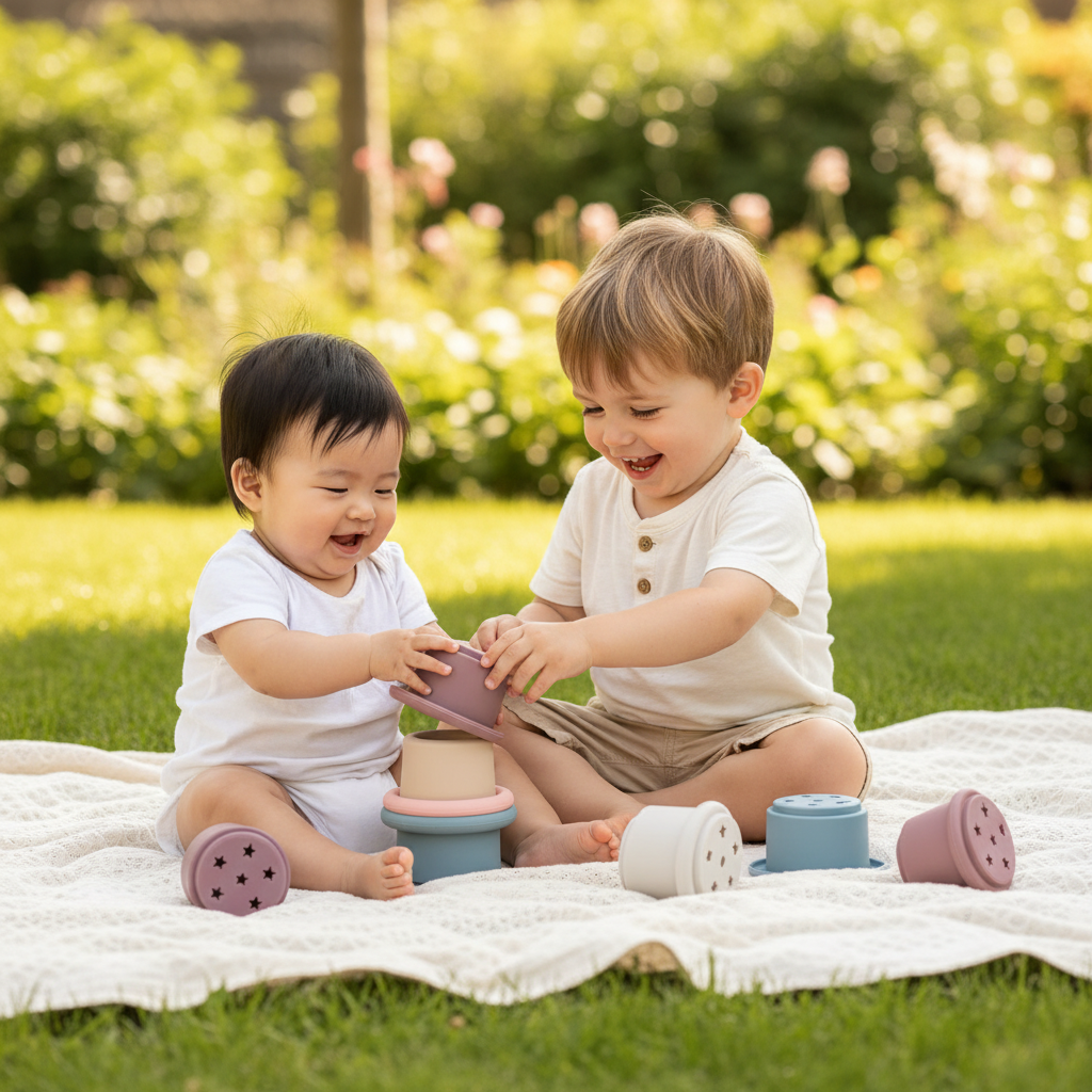 Baby meisje en grote broer buiten met stapelbekers
