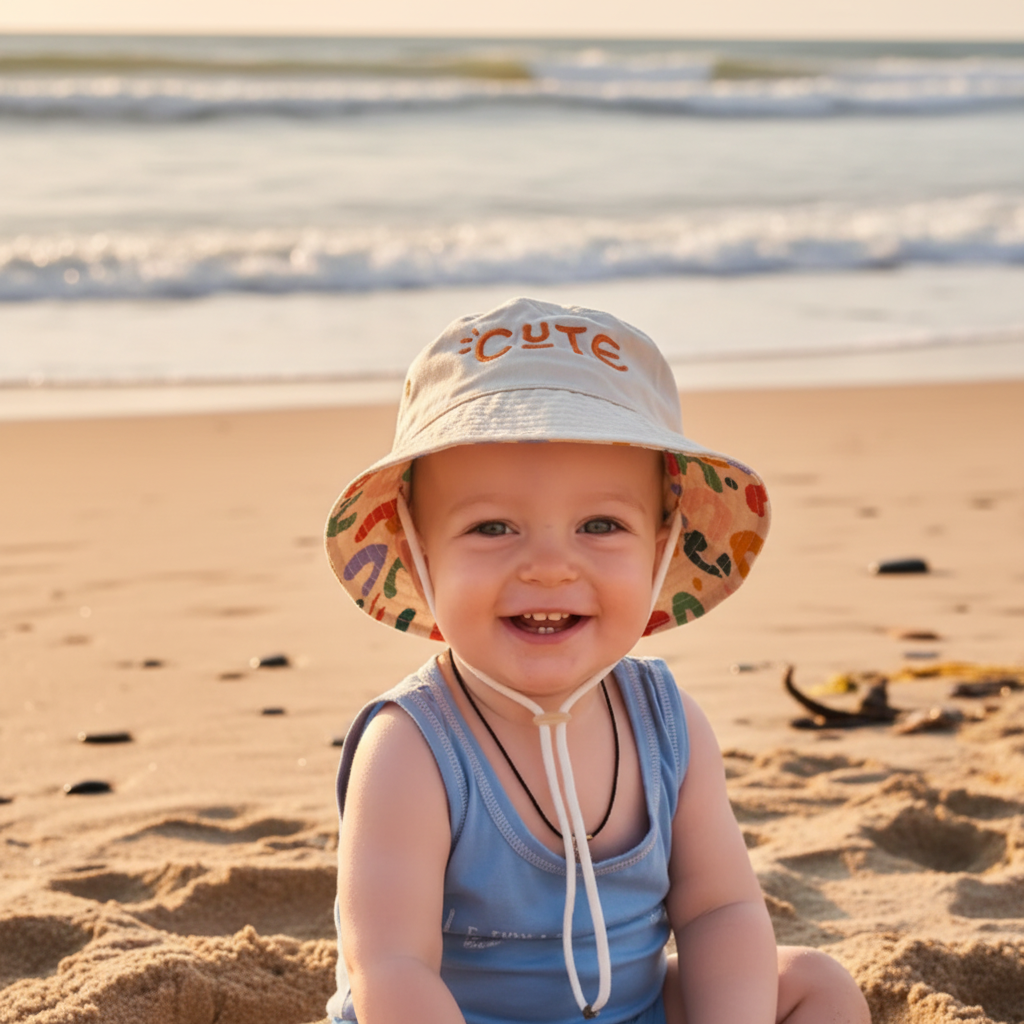 Baby met bucket hat op het strand