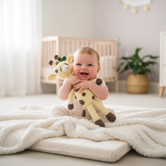 Baby met gehaakte giraf knuffel