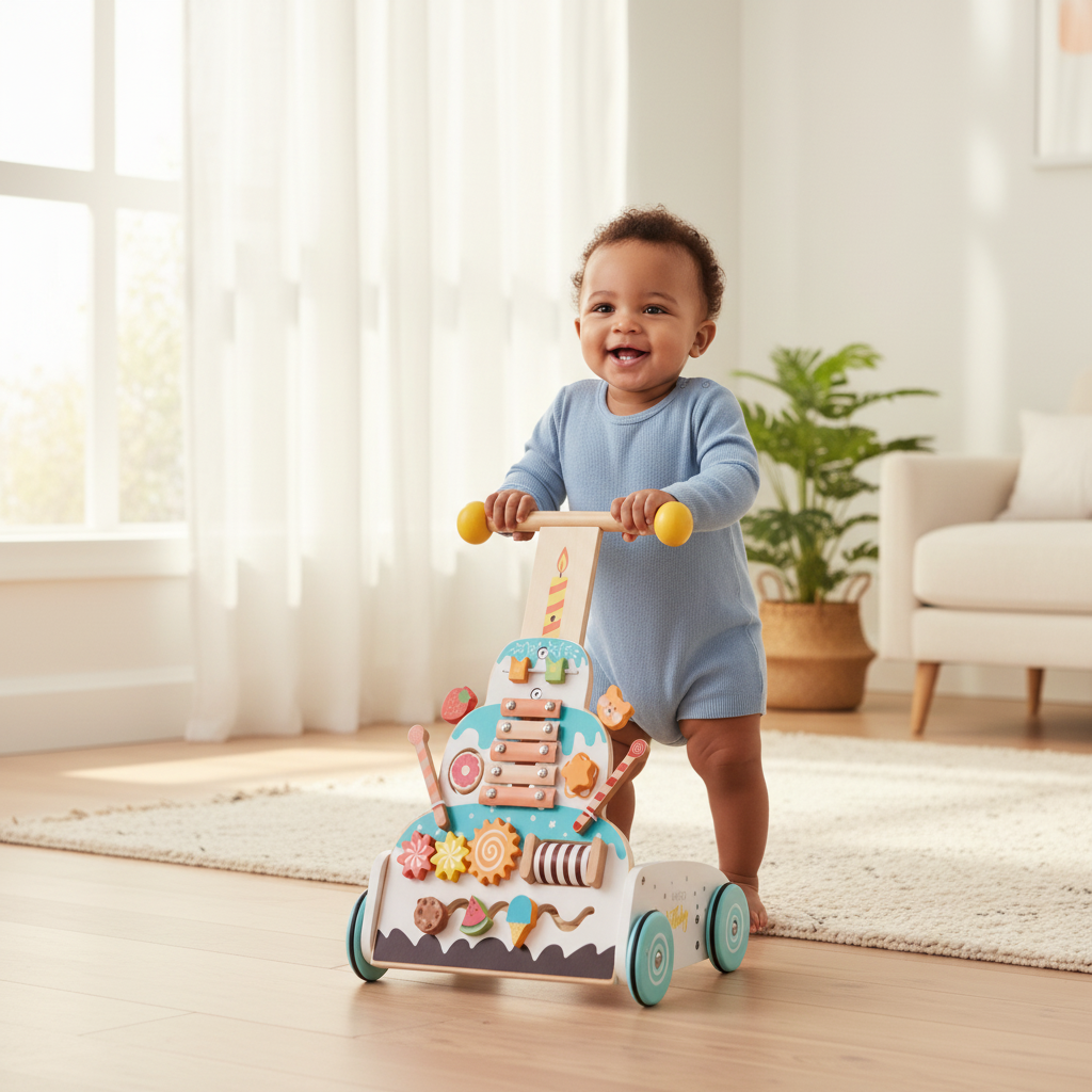 Baby met houten loopwagen