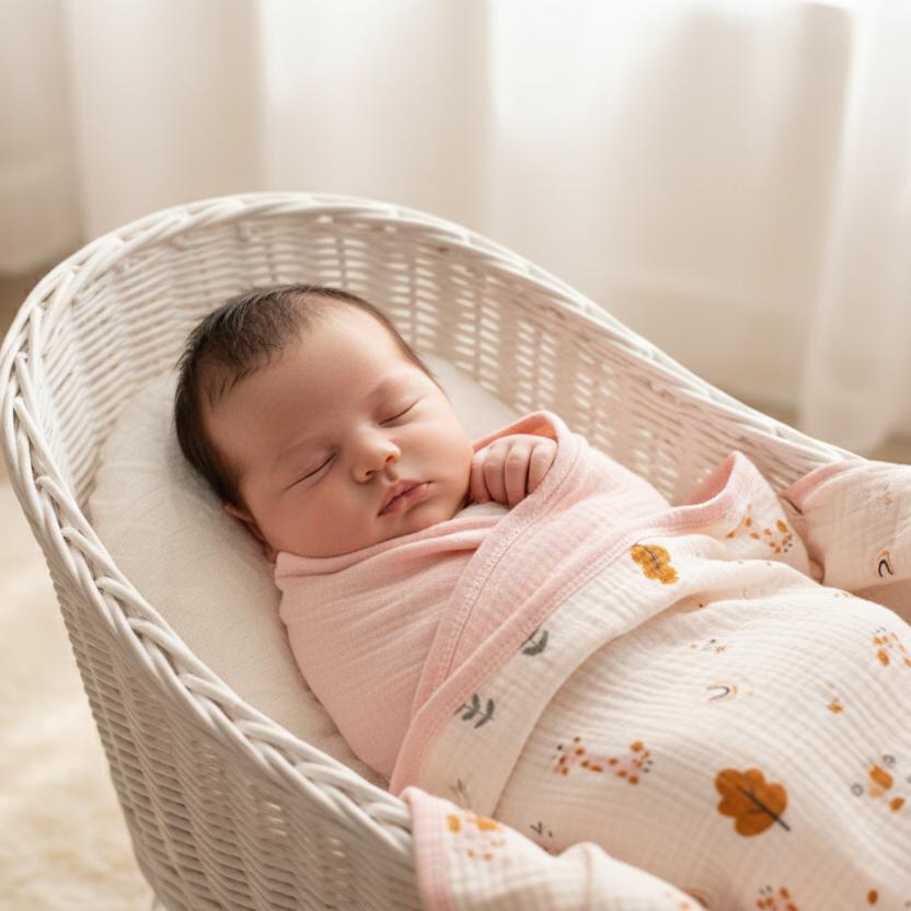 Baby met mousseline dekentje