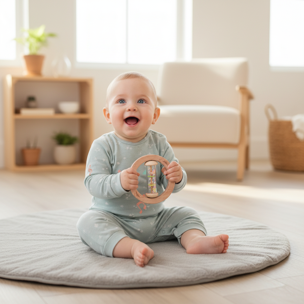 Baby met rammelaar in woonkamer