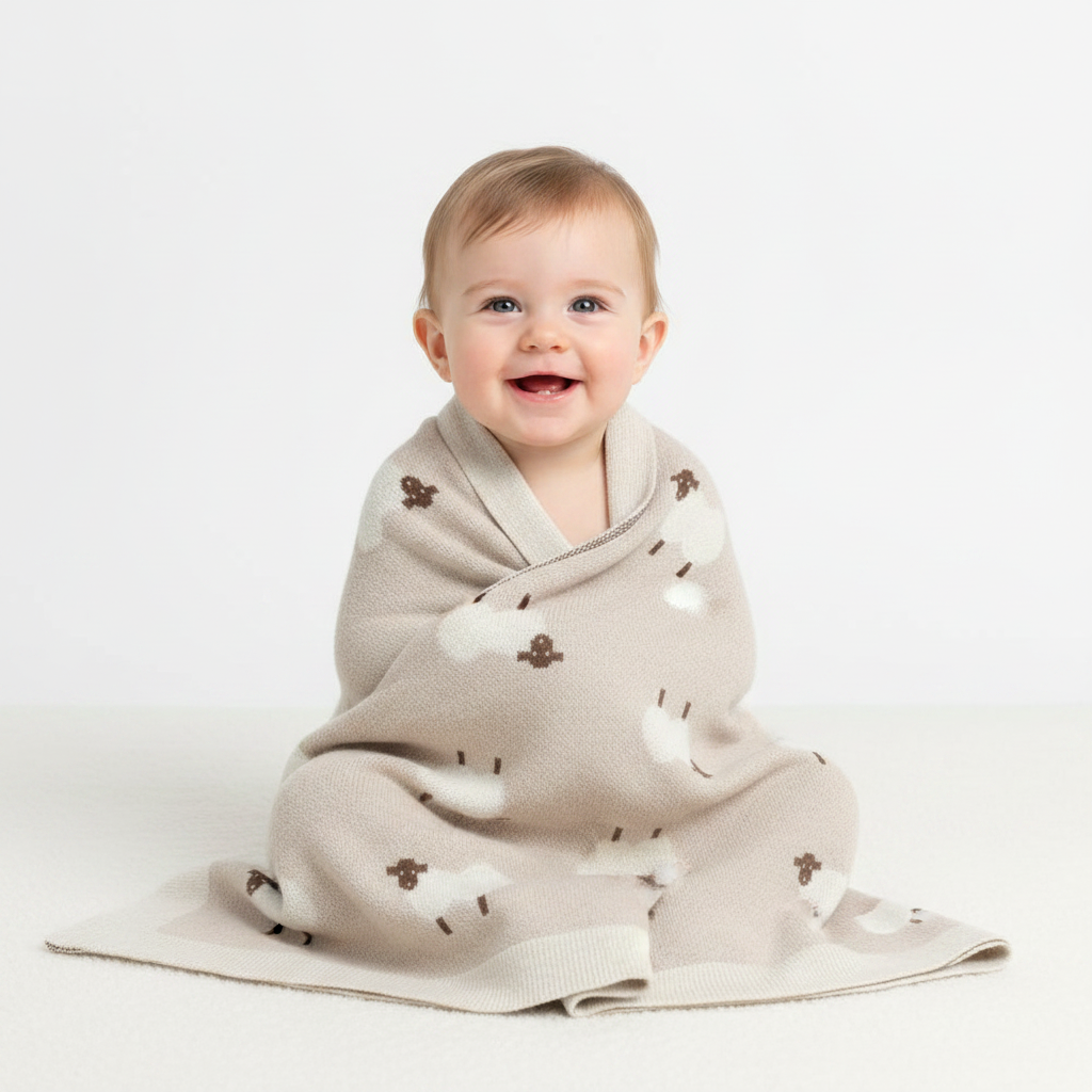 Baby met schaapjes dekentje