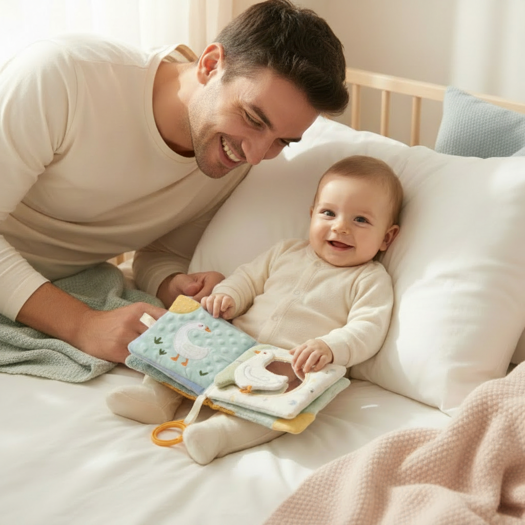 Baby met stoffen boekje en vader