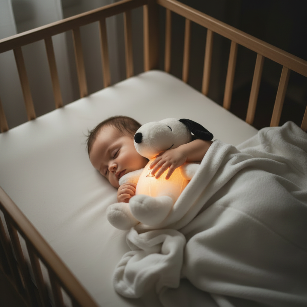Baby sleeping with glowing Snoopy 1:1