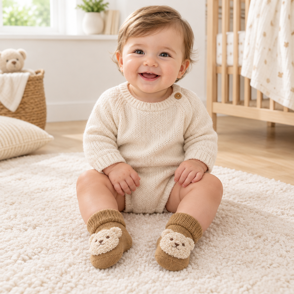 Baby zittend op de grond met beide babysokken zichtbaar