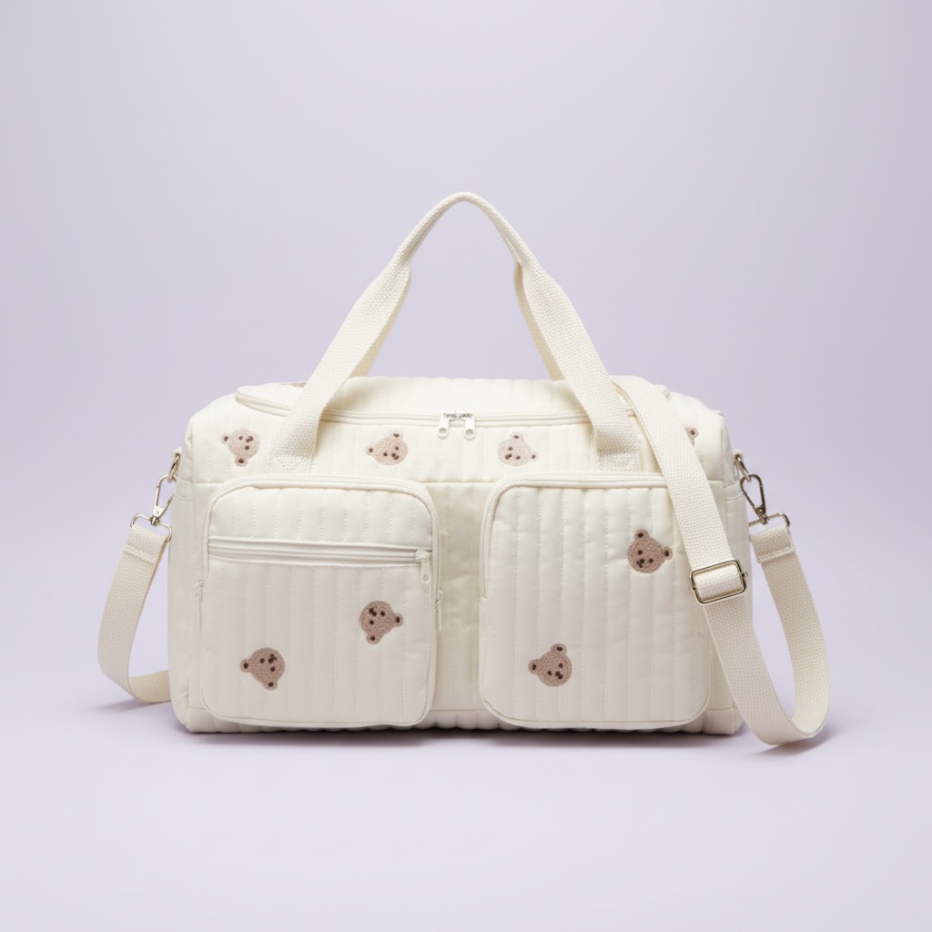 Cream Quilted Diaper Bag - Lavender Background
