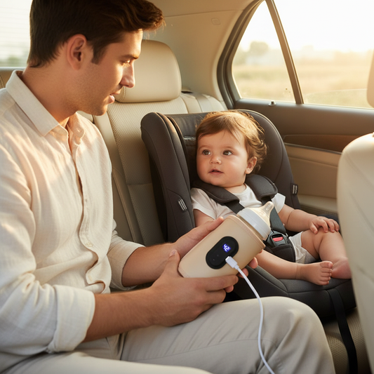 Flessenwarmer met baby in autostoel