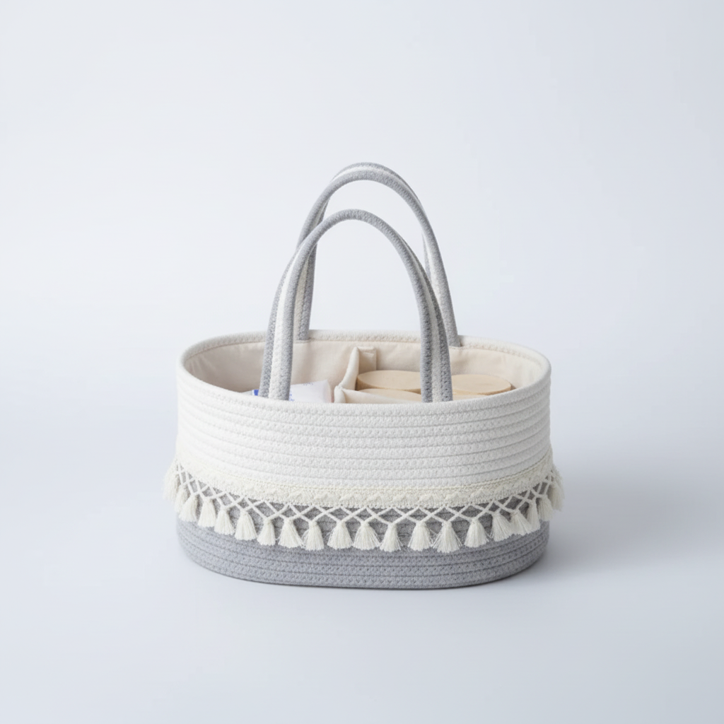 Grijze storage basket met neutrale achtergrond