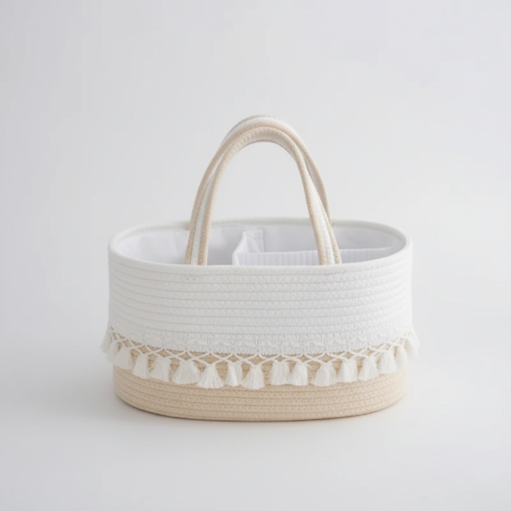 Khaki storage basket met neutrale achtergrond