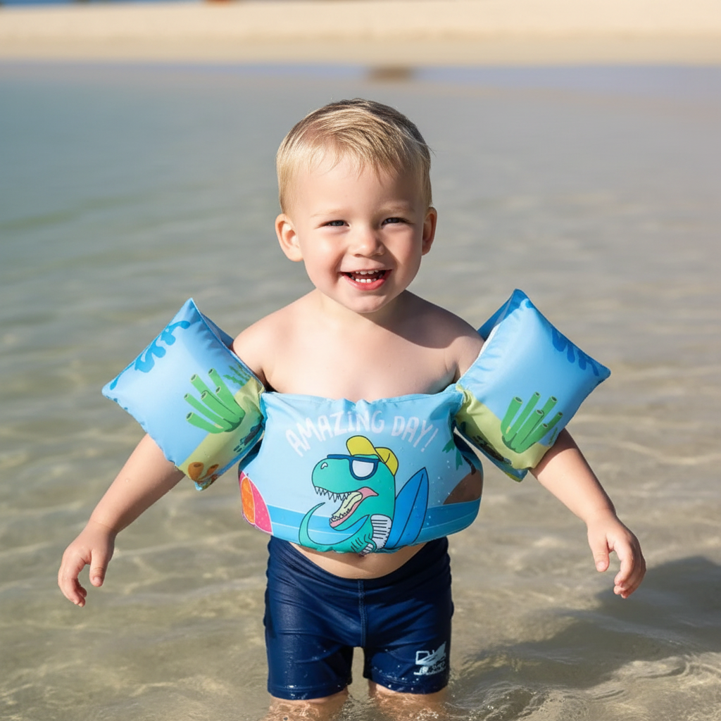 Kind met dinosaurus zwemvest op het strand