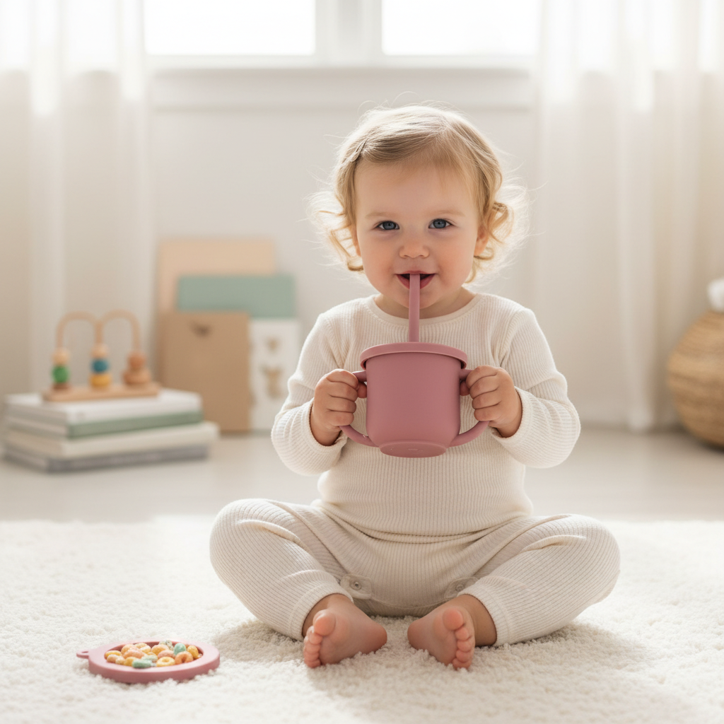 Lifestyle foto siliconen baby beker 2-in-1