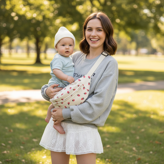 Mama met baby en corduroy heuptas