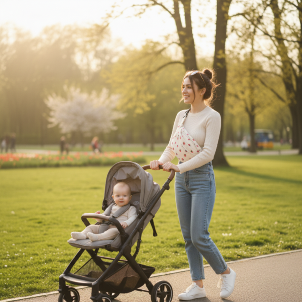 Mama met baby in kinderwagen en heuptas