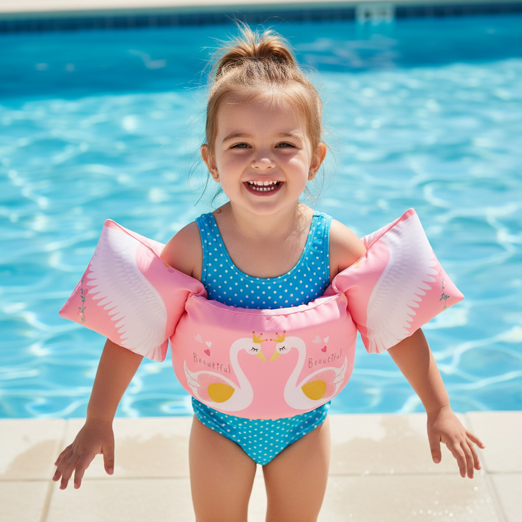 Meisje bij zwembad met roze zwaan puddle jumper
