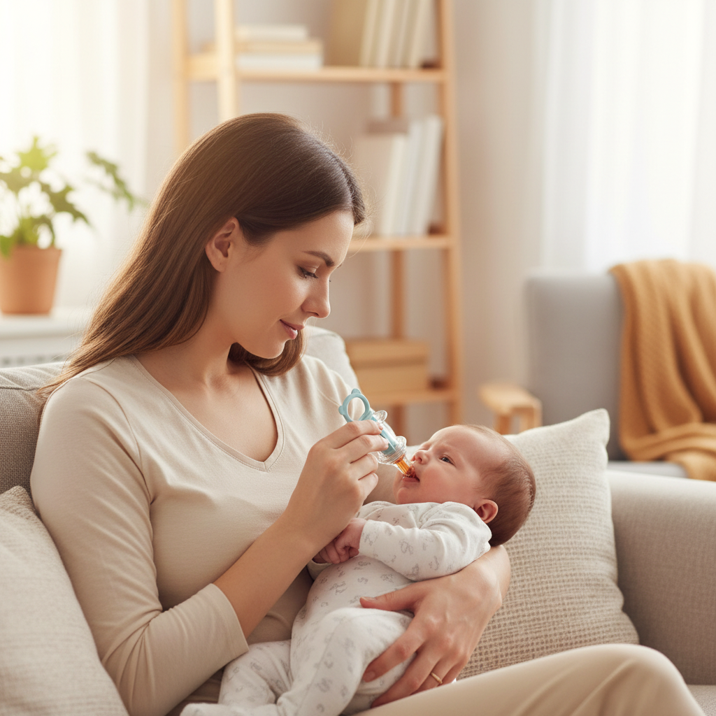 Moeder geeft medicijn aan baby met kleine spuit gevuld met oranje vloeistof