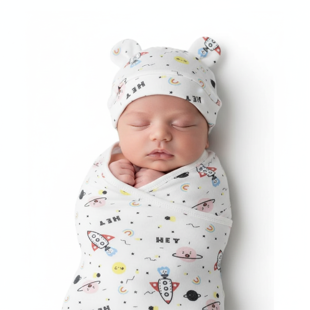 Slapende baby in space swaddle