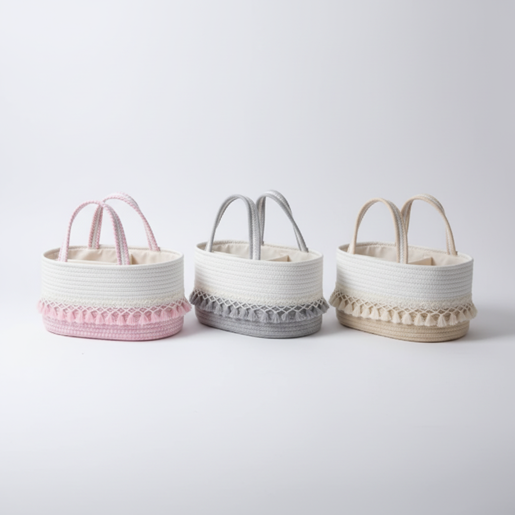 Storage baskets roze, grijs en khaki met neutrale achtergrond