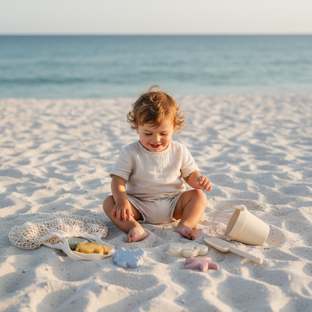 Strandspeelgoed lifestyle foto met baby
