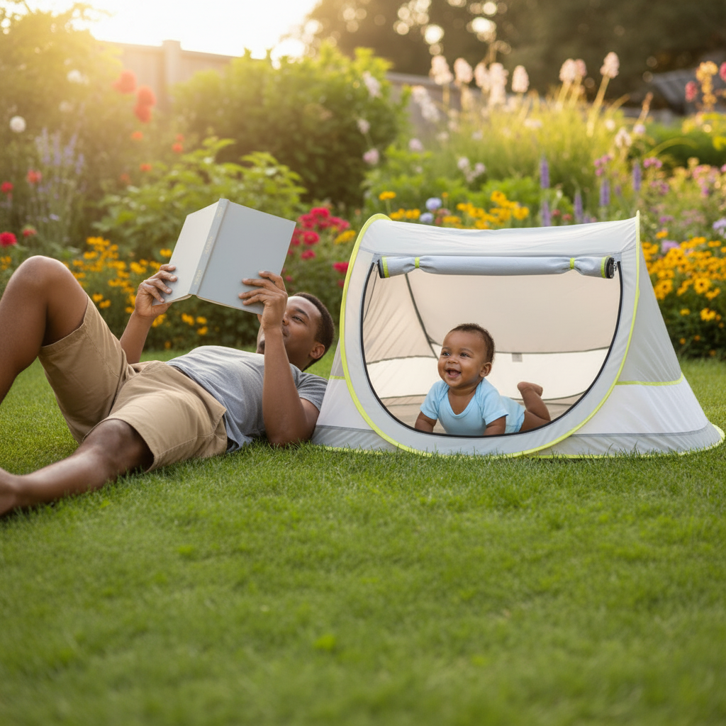 Volledige tent in beeld met vader en baby 1:1