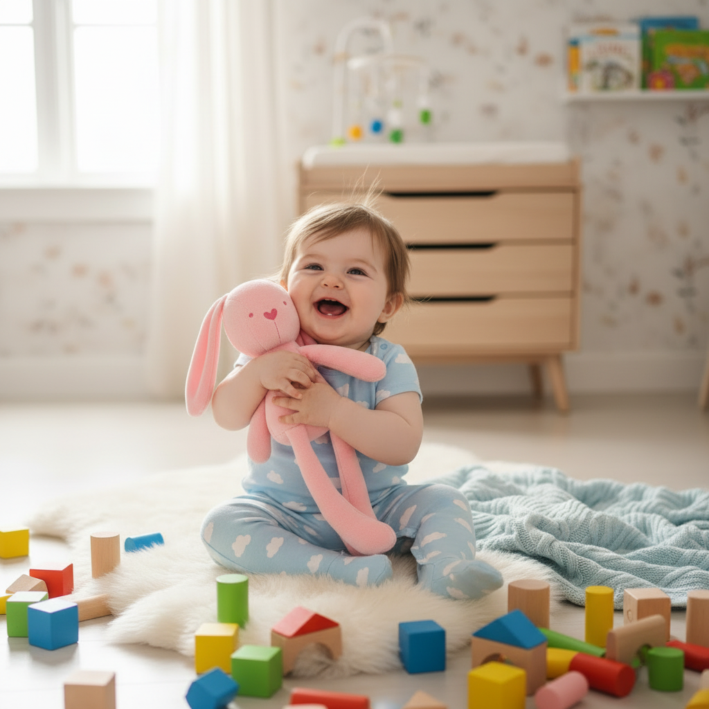 Vrolijk lachende baby met konijnenknuffel en houten blokken